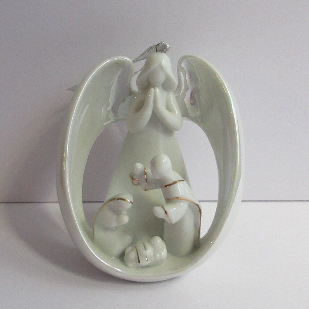 Apple Tree Design Porcelain Angel 3D Nativity Ornament White Gold Trim Christmas